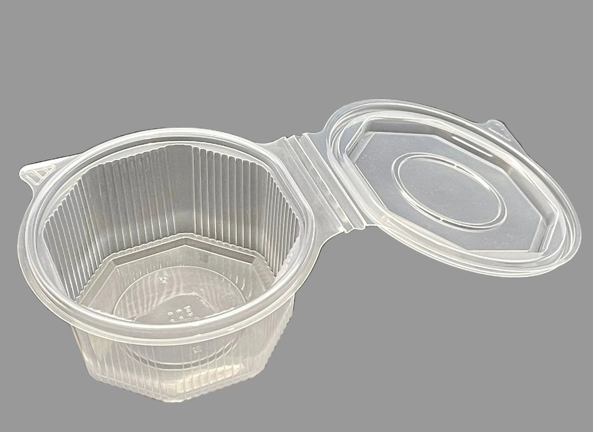 Deli-Becher mit anhängendem Deckel – transparent, rPET oder PP